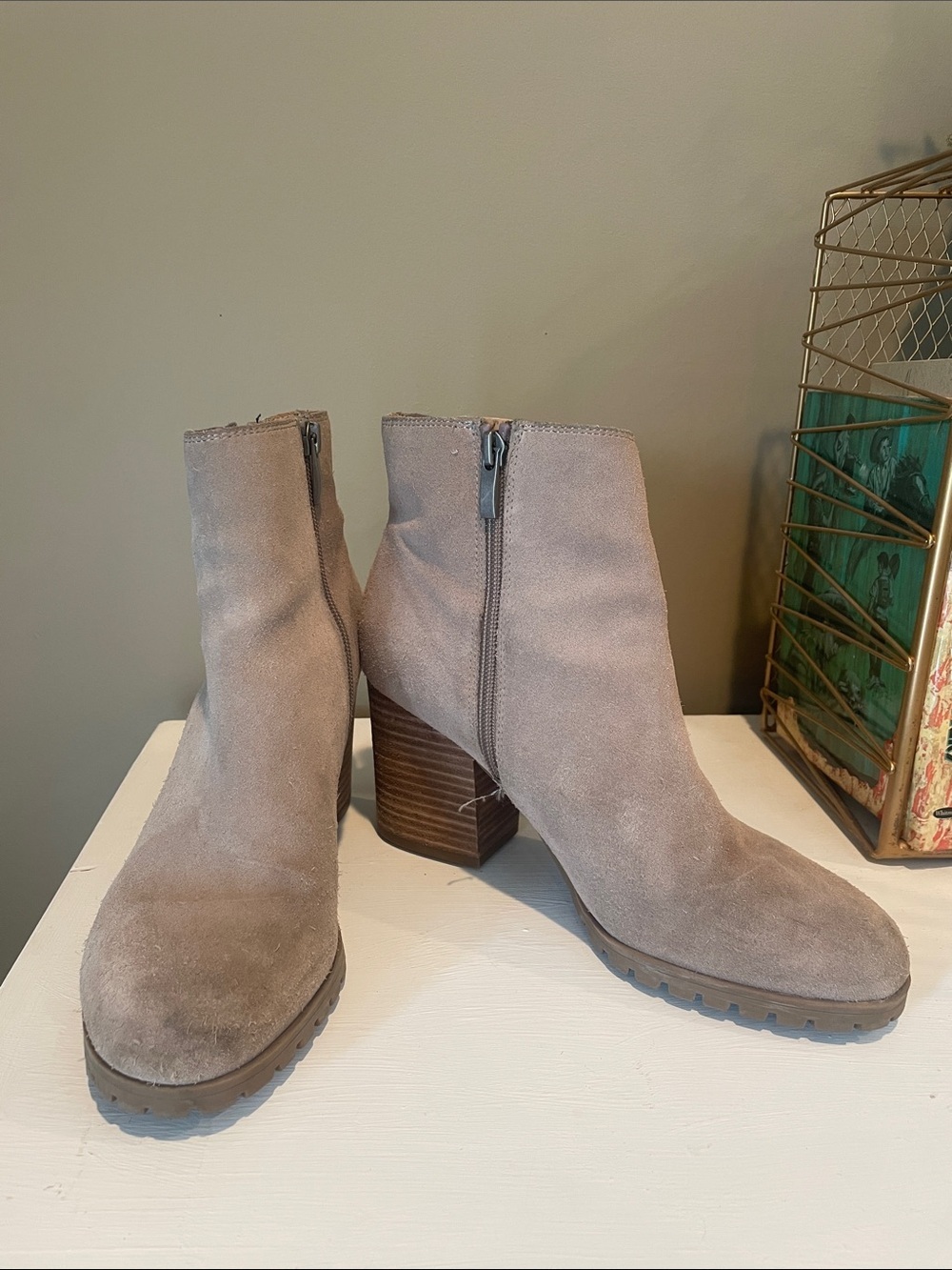 Franco Sarto Taupe Suede Ankle Booties with Stacked Heel